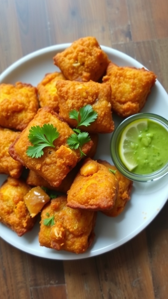 Crispy bread pakoras served with green chutney and garnished with coriander.